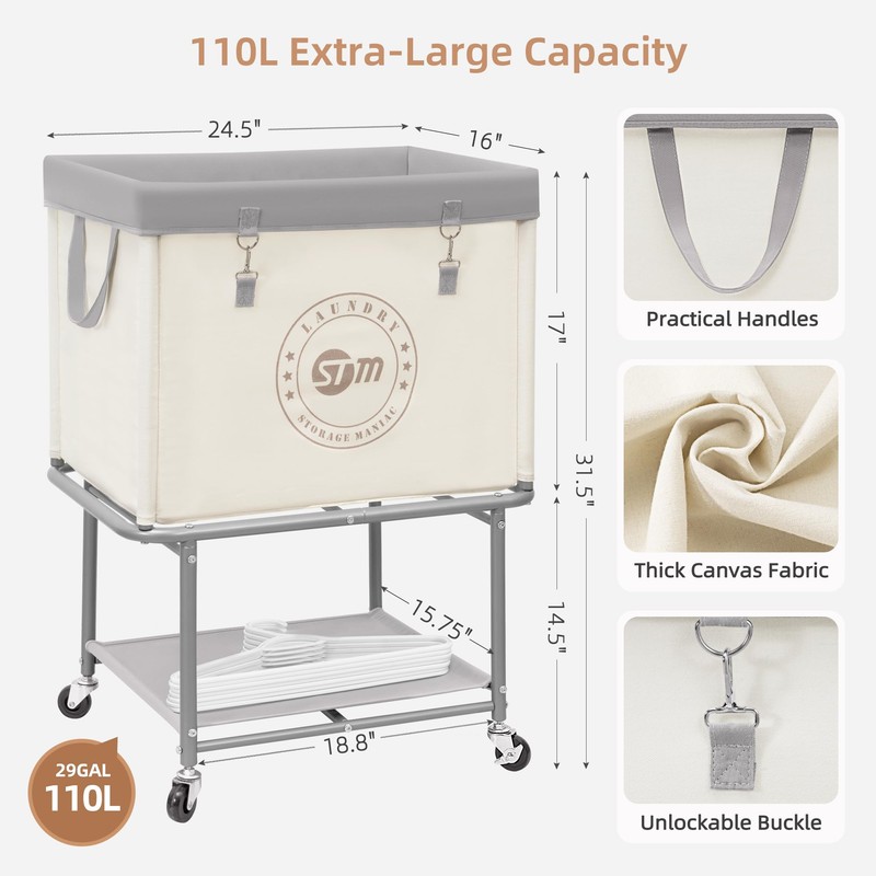 STORAGE MANIAC Rolling Laundry Cart with Storage Shelf, Heavy Duty