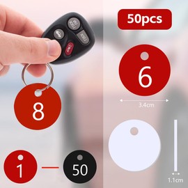 Flintronic Pack of 50 Plastic Number Plates, Plastic ID Number Plates, Small Waterproof Number Tags, ID Tags with Hole, with Key Rings, for Wardrobe Hotel (Black, 1-25/Red, 1-25)