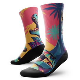 Outway Prehistoric Crew Socks, Moisture-Wicking Athletic Calf Socks with Arch Support for Men and Women, Colorful Design, Size L/XL