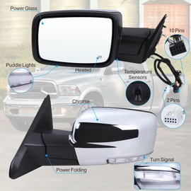 Lqito Left Driver Side Mirror Compatible With 2013-2018 Ram 1500 2500 3500 With Power Folding Power Glass Heated Temperature Sensors Turn Signal Puddle Lights Chrome Replace#68096197AF(10+2Pins)