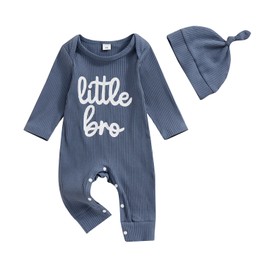 Newborn Baby Boy 2Pcs Outfit Clothes Long Sleeve Bodysuit Little Bro Letter Print Romper Waffle Knit Jumpsuit Hat Fall Winter Clothes (Navy, 12-18 Months)