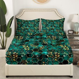 Feelyou Modern Marble Aesthetic Bed Sheets Set Queen Size Marble Sheet Set Retro Watercolor Artwork Design Sheets with Deep Pocket Fitted Sheet Marble Texture Printed Bedding Set Honeycomb Bed Set