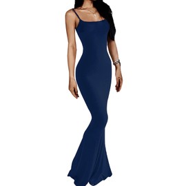 AnotherChill Women's Casual Lounge Slip Long Dress Sexy Sleeveless Backless Bodycon Maxi Dresses 2025 Summer Slim Elegant (Navy-Blue, X-Small)