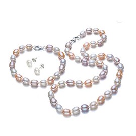 Treasure Bay FAB Elegant 8mm Rice Shape Freshwater Pearl Necklace Bracelet and earrings Tri Set (Multicoloured)
