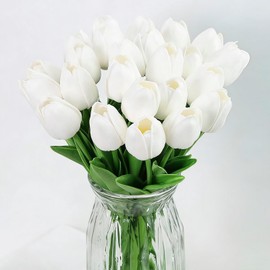 Confezione da 15 Tulipani Artificiali, Fiori Finti, Tulipani Bianchi Finti, Fiori a Tocco Reale per Decorazione, Elegante Decorazione Floreale per Bouquet da Sposa, Matrimonio, Festa della Mamma