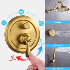 Modern Brushed Gold 3-Way Shower Diverter Valve Replacement Pressure-Balancing 3-Outlet Solid Brass Wall-Mount Apartment HotelColor: Gold, Bath & Shower Faucet Type: Shower Sets