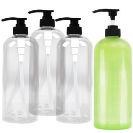 Empty Shampoo Bottles with Pumps,32 Oz Refillable Shampoo & Conditioner Bottles 4-Pack, Black Pump Soap Dispensers, Large 1L Plastic, Eco-Friendly Body Wash Containers (Clear)