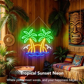 Tropical Neon Sign Double Coconut Palm Tree, Dimmable Beach Sunset LED Neon Light, Tropical Ocean Seagull Wall Decor for Man Cave Home Bar, Tiki Bar, Hawaii Club, Bedroom, Gift for Dad Father Him, RV Travel Trailer Beach Party Decor