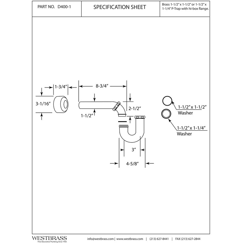 Westbrass R400-1-01 1-1/2" x 1-1/2" P-Trap with High Box Flange,