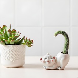 Monkey Ceramic Succulent Planter 5Inch Cute Cartoon Pottery Bonsai Pot Cactus Flower Plants Pot Air Plant Holder Display Containers White for Home Office Desk Shelf Windowswill Decor (No Plants)