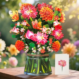 YianHien 3D Pop Up Cards for Women Dahlia Paper Flower Bouquet, Birthday Greeting Cards for Mother's Day Graduation Birthday Thank You Teacher's day Gift, Get Well Gifts- Large 34.5 x 27cm Cover