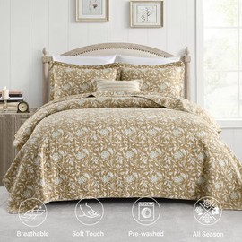 Finlonte Quilt King Size 100% Cotton Lightweight Soft King Quilt Vintage Botanical Quilted Bedspread Khaki Floral Reversible Quilt Bedding Set 3 Pieces