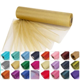 Weddecor 25m x 29cm Snow Sheer Gold Organza Roll Sash Glitter Fabric for Table Runner Sashes Wedding & Christmas Decoration, Chair Cover Bows, Party Favours, Ribbon Crafting Supplies, 4pcs