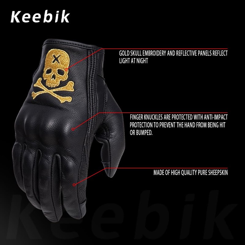 Keebik Goatskin Leather Motorcycle Motorbike Powersports Racing Gloves Reflective Skull