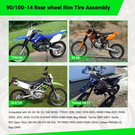 XIKOBY 14" Rear Wheel 90/100-14 3.00-14 Dirt Bike Tire Rim Assembly Compatible with SSR Apollo 150cc 140cc 125cc CR80R CR85R CRF80F CRF125F DB17 KX85 KLX125 TTR125 Off Road Motocross Part