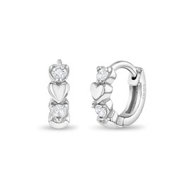 925 Sterling Silver Clear Cubic Zirconia Heart Huggie Hoop Earrings for Toddlers & Little Girls 10mm - Glittering Heart Shaped Jewelry Gifts for Growing Girls - Trendy Earrings for Toddler Girls
