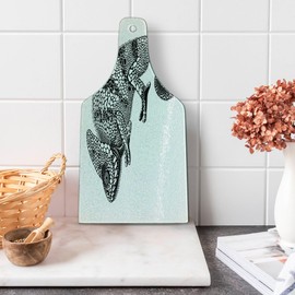 Lunarable Tattoo Cutting Board, Wild Reptile Iguana with Dalmatian Spots Design Monochrome Print, Decorative Tempered Glass Cutting and Serving Board, Wine Bottle Shape, Black and White