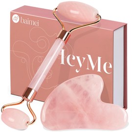 Jade Roller & Gua Sha, Face Roller, Facial Beauty Roller Herramientas para el cuidado de la piel, BAIMEI Rose Quartz Massager para rostro, ojos, cuello, músculos corporales que relajan y alivian las líneas finas y las arrugas