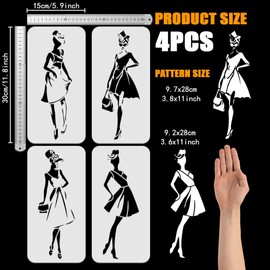 FINGERINSPIRE 4 PCS Fashion Woman Stencil for Painting – 5.9x11.8inch Plastic PET Lady Beauty Dress & Hat Drawing Templates for Home Wall & Floor Decoration
