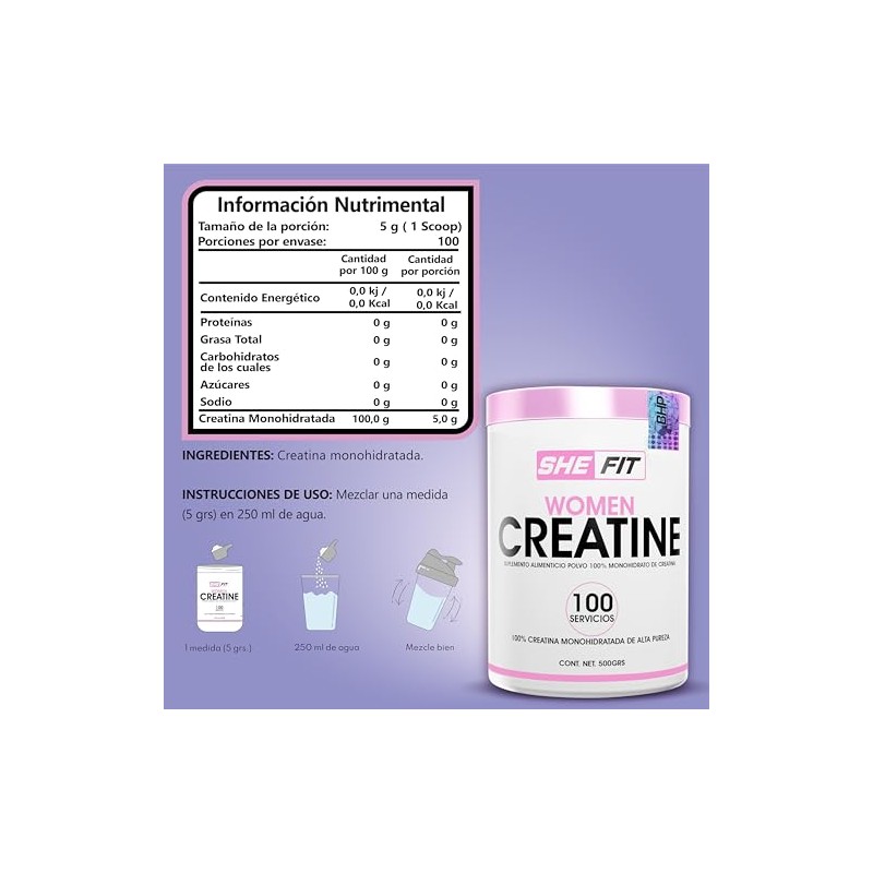 BHP NUTRITION- Women creatine, creatina monohidratada 100% pura, creatina para