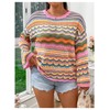BEAUDRM Women's Plus Size Striped Crochet Sweater Long Bell Sleeve