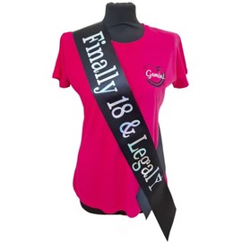18th Birthday Sash - Finally 18 & Legal - Beautiful Quality Black Ribbon and Holographic Silver Font