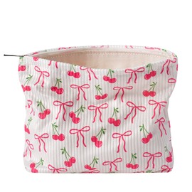 Cute Soft Corduroy Zipper Makeup Bag for Purse, Coquette Aesthetic Pouch with Pinkbow Pattern for Women Girls, Brushes Storage Travel Cosmetic Bags(01Cherry)