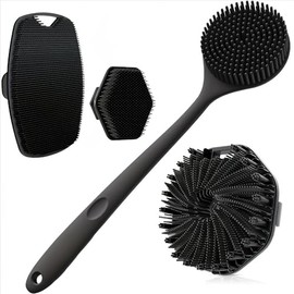Juego Cepillos Baño Silicona Incluye Cepillo Espalda Mango Largo Facial Ovalado Espiral Masaje Corporal Black
