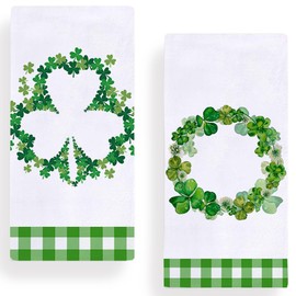Secarond Watercolor Shamrock Wreath St. Patrick's Day Kitchen Towels Dish Towels, 18x28 Inch Seasonal Buffalo Plaid Decoration Hand Towels Set of 2, DT-134