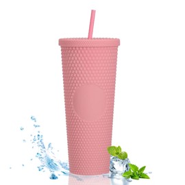 TWSOUL Studded Cup Tumbler 710ml Studded Tumbler with Lid and Straw Reusable Cold Cup for iced Coffee Double Walled Plastic Water Bottl (Pink)