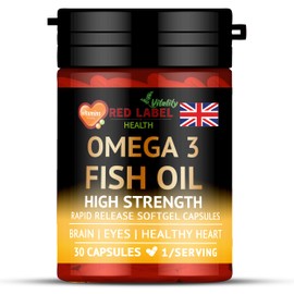 Red Label Health Omega 3 Fish Oil 1000mg, 30 Softgels (1 Month Supply), Double Strength 180mg EPA and 120mg DHA, Supports Eye, Heart & Brain Health for Men & Women - UK Made