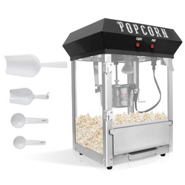 Bar Style Popcorn Machine, 6-Ounce Kettle Stainless Steel Popcorn Maker with Tempered Glass, 600W Electric Popper for Home Theater, Parties, and Events, Black