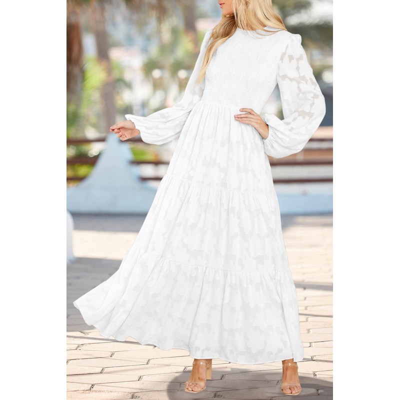 MITILLY Women's Elegant Floral Long Sleeve Round Neck Smocked A-Line
