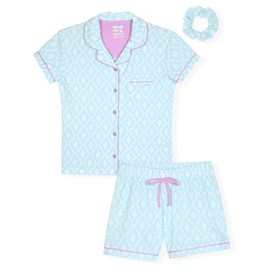 Sleep On It Girls Pajamas Button down Short Sleeve Collared Coat Set, Summer Pajamas for girls sleepwear