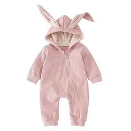 Momkonzz Newborn Baby Girl Easter Outfit My First Easter Onesie Infant Bunny Romper Long Sleeve Zip Up Jumpsuit Rabbit Ears Clothes Hooded Bodysuit Pink 6-9 Months