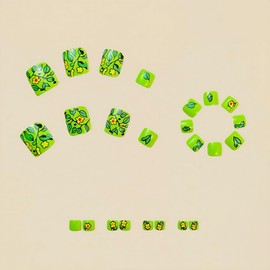 Green Leaf Press on Toenails Short Square Toenails Glossy Cute Flower Toe Nails Full Cover Toe Nails for Women