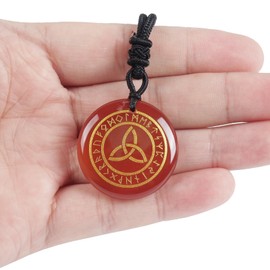 Loveliome Natural Rune Stones Engraved Elder Alphabet Healing Crystal Stone Pendant Necklace for Men and Women, Red Agate