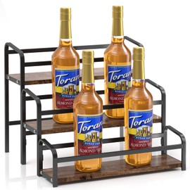 IYEBAU Coffee Syrup Rack,12 Bottle Capacity,3 Tier Coffee Bar Organizer,Kitchen Wine Rack,Coffee Station for Syrup, Wine Stand Shelf,Coffee Bar Accessories (Dark Brown Wood, Black)