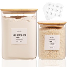 2 Pack large Square Glass Flour and Sugar Containers with 132 Kitchen Pantry Labels - 110 floz & 51 floz - Glass Jars with Airtight Bamboo Lid - Glass Rice Canisters for Coffee, Pasta, Cookie, Cereal