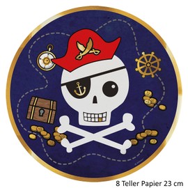 33-Piece Tableware Set, Tableware Set for Pirate Parties, Children's Pirate Birthday, Plates, Cups Napkins, Treasure Hunt Pirate Party, for up to 8 Children