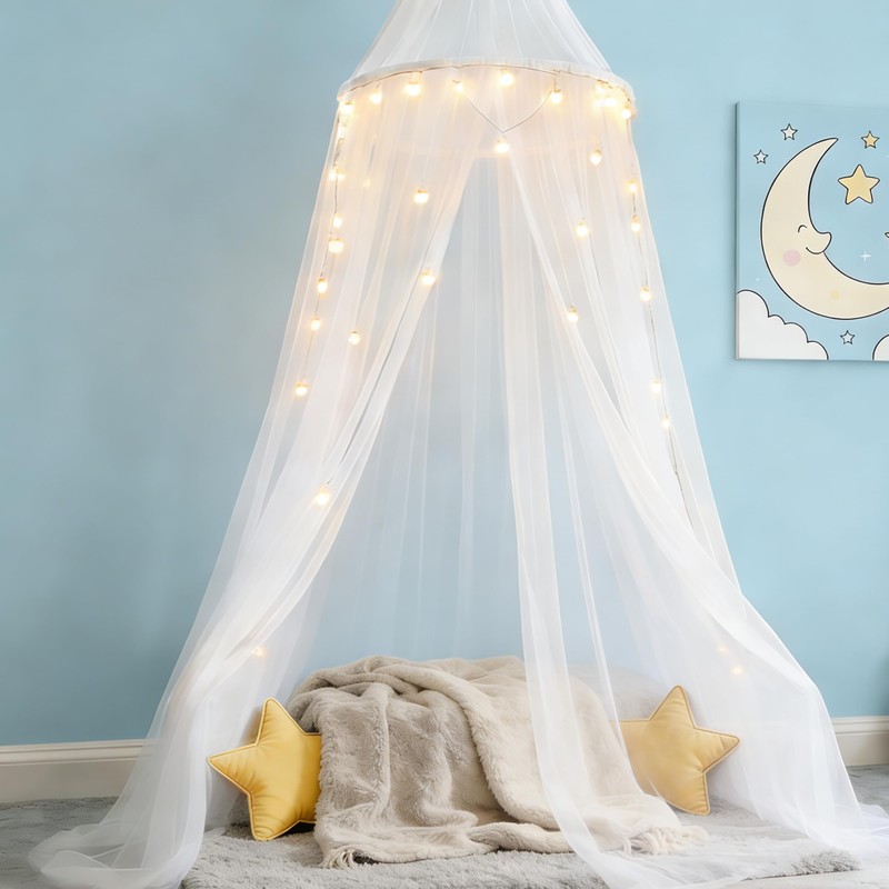 Wnqou Princess White Bed Canopy with Lights for Girls Bed