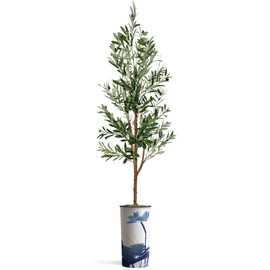 Artificial Tree in Blue Flower and Paint Texture Planter, Fake Olive Silk Tree for Indoor and Outdoor Home Decoration - 68" Overall Tall (Plant Pot Plus Tree)