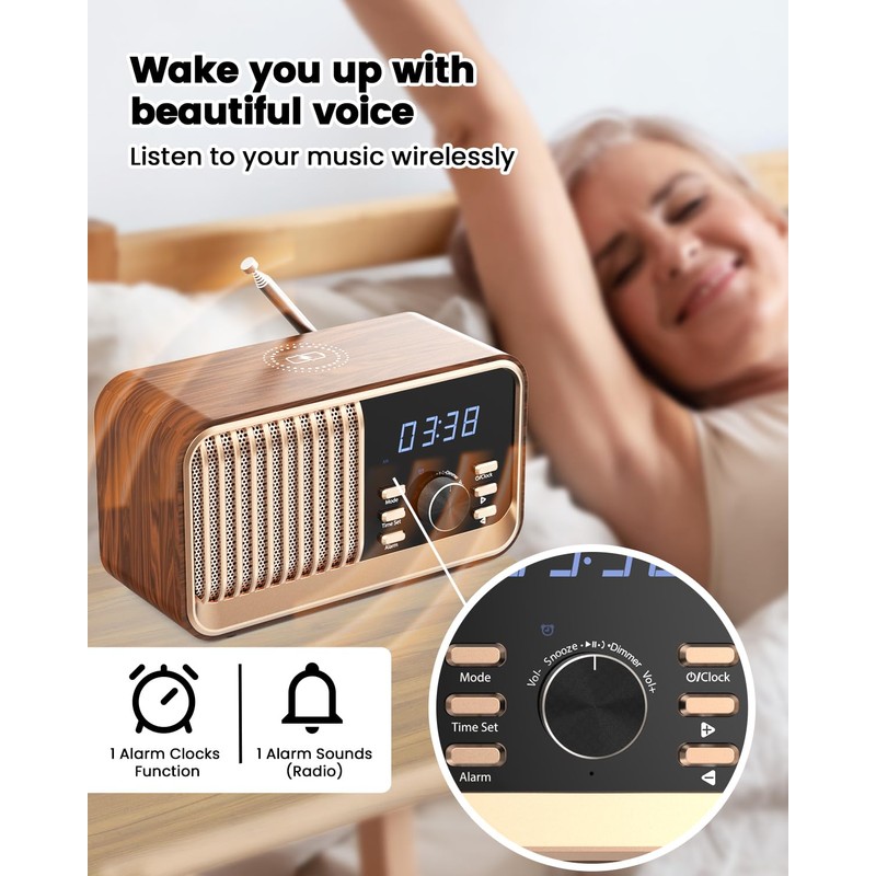 MONODEAL Alarm Clock Radio with Fast Wireless Charging,Support Bluetooth 5.3/FM