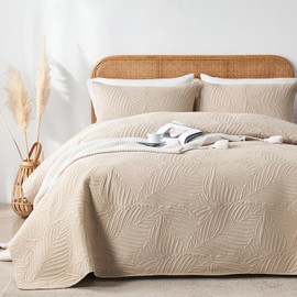 OARAGE Queen Quilt Bedding Set Soft Lightweight Beige Bedspread with Leaf Pattern,Ultrasonic Microfiber Bed Coverlet Full Size for All Season (1 Quilt, 2 Shams)