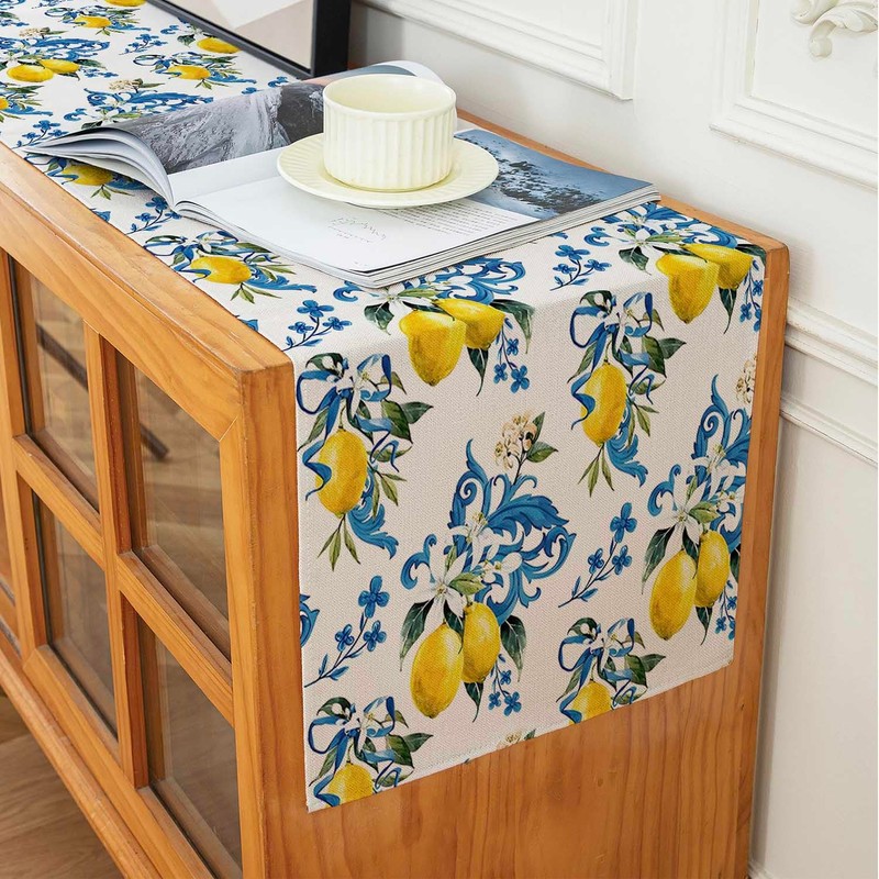 Kiatuniya Lemon Table Runner Blue Orange Yellow Lemon Decorative Table