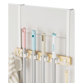 HULISEN Broom Holder Door Mount, Over the Door Broom and Mop Holder with 0.6" Thick Pads, Wood Mop Organizer Tool Hanger with 4 Racks & 2 Hooks for Laundry Cabinet Kitchen Garage, No Drills