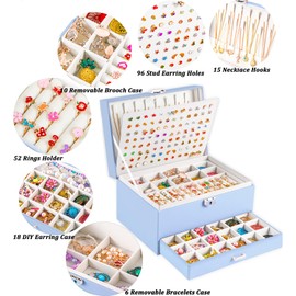 QBestry Earrings Jewelry Box for Girls, 5 Layers Jewelry Organizer with Earring Holder Organizer for Girls Earring Organizer Jewelry Boxes for Women Earrings and Necklaces Jewelry Box Organizer Blue