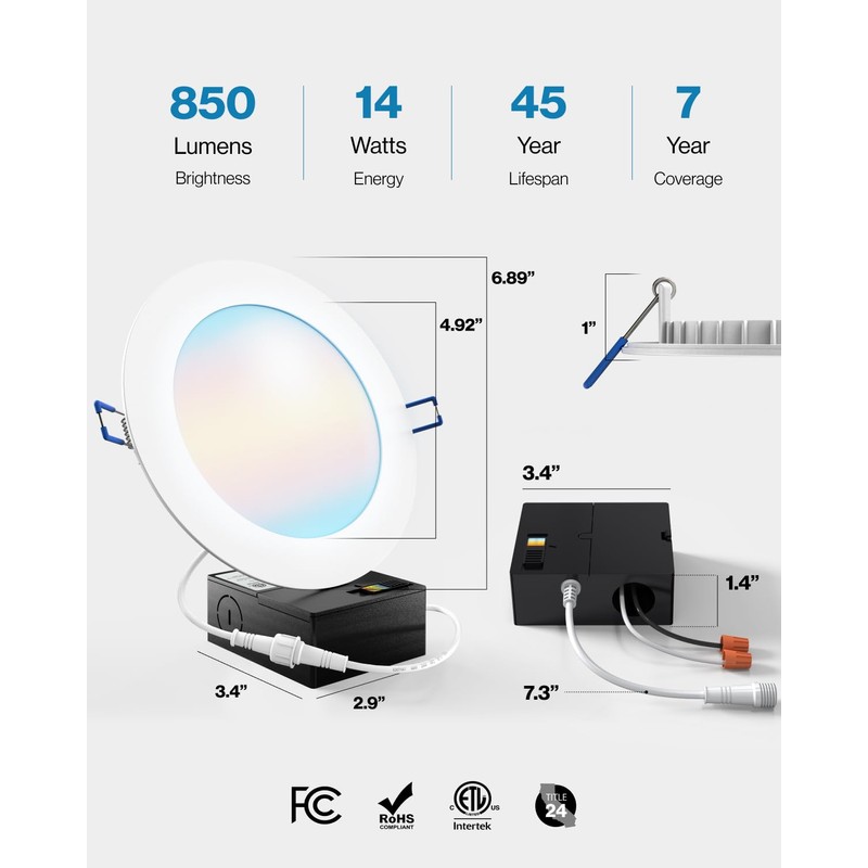 Sunco 6 Inch LED Recessed Light, Canless Ceiling Lights Slim