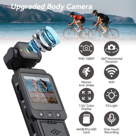 NTMHCTA Mini Body Camera with Audio & Video Recording, Pocket Action POV Camcorder 360° Rotation 1080P FHD, 64GB Wearable Camera for Security, Work, Guard, Travel