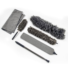 OVENTE Microfiber Feather Duster, Chenille Duster and Microfiber Cloth with Stainless Steel Long Extension Pole, Washable and Reusable Cleaning Set for High Ceiling, Blinds & Furniture, Grey CTD1526GY